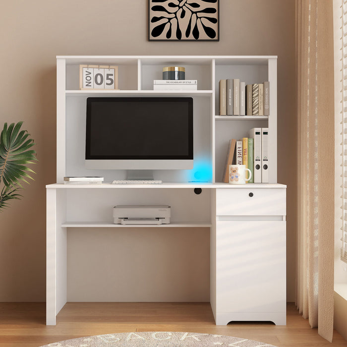 White Giga executive computer desk with hutch, bookshelf, drawers, 3 AC outlets, and 2 USB ports, ideal for home office or study.