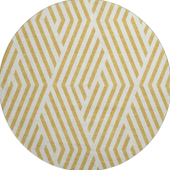 8' Geometric Washable Round Rug With UV Protection (648535) - Gold / Ivory