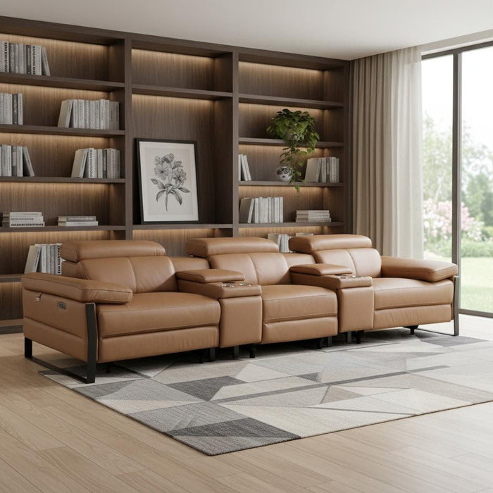 Top Grain Leather Reclining Metal USB Sofa (720345) - Chestnut
