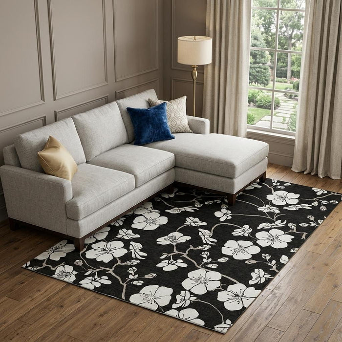 10' X 14' Floral Washable Area Rug With UV Protection (681017) - Black / Ivory
