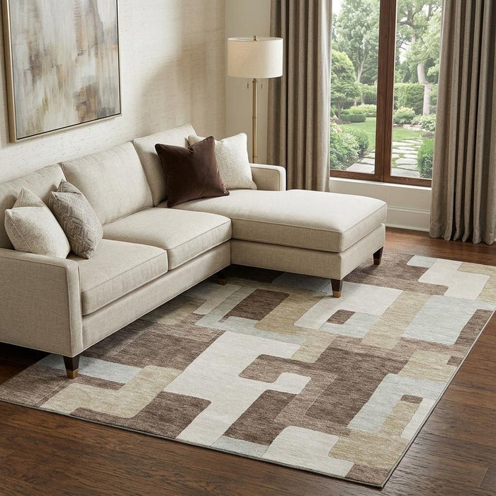 10' X 14' Geometric Washable Area Rug With UV Protection (675702) - Brown / Ivory / Beige