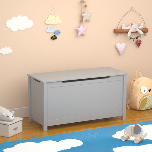 Giga toy box storage cabinet with safety hinged lid, featuring a spacious interior for children's toys and secure lid design