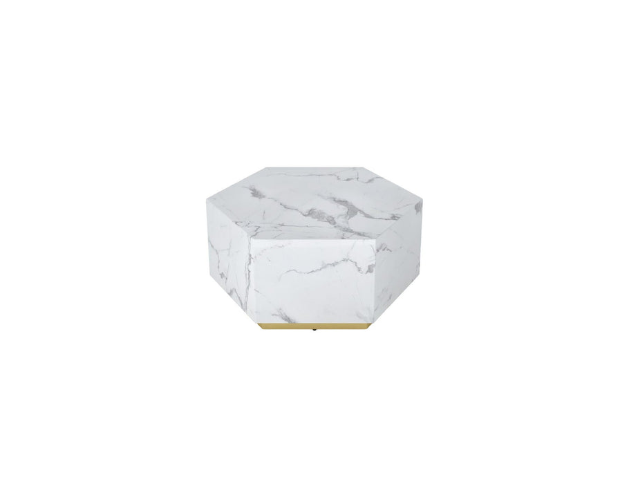35" Faux Marble Hexagon Drum Coffee Table - White And Gold