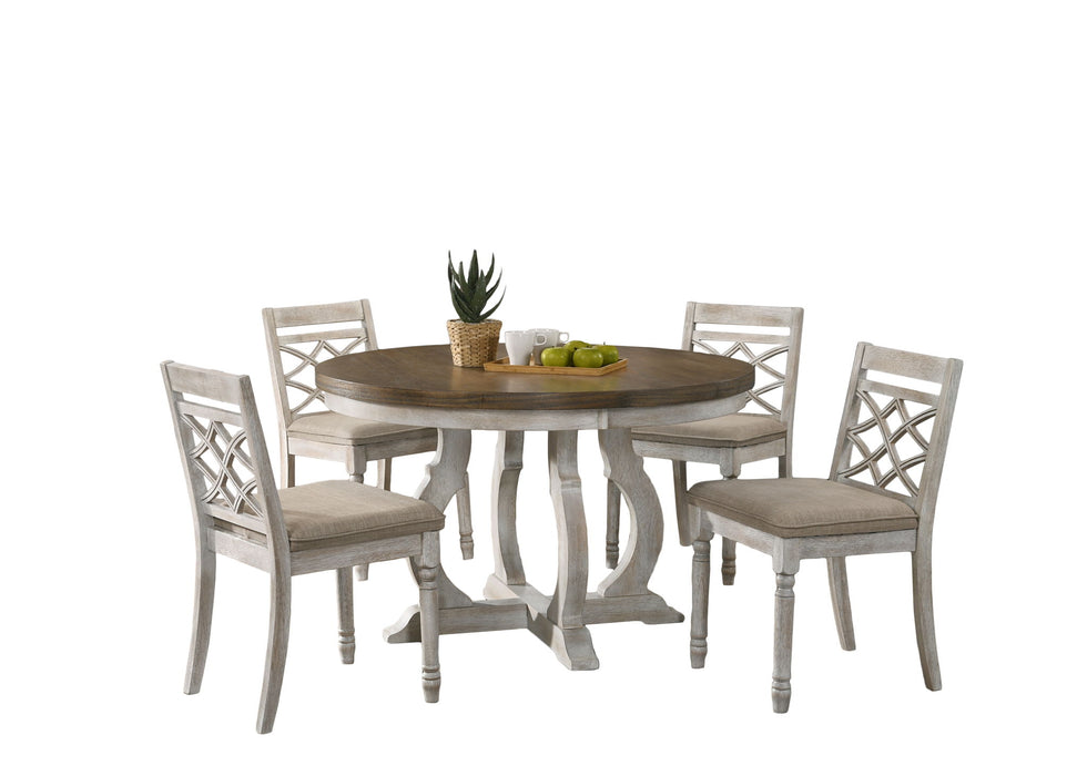 Giga Havanna 5-piece vintage walnut dining set with round table and off-white chairs, perfect for modern dining rooms.
