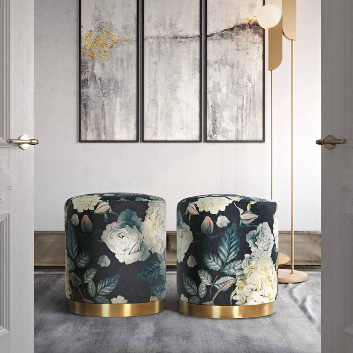 Dark gray floral velvet ottoman with gold base by TOV Furniture, featuring plush upholstery and elegant design.