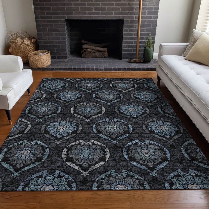 9' X 12' Medallion Washable Area Rug With UV Protection - Blue And Charcoal