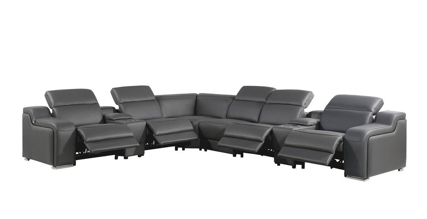 Italian Leather Power Reclining Curved 8 Piece Corner Sectional With Console - Gray