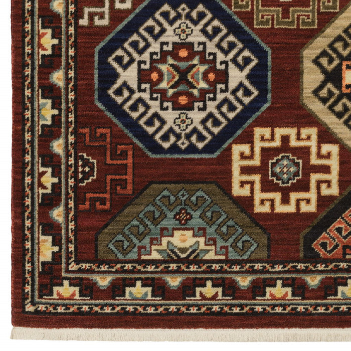 10' x 13' Oriental Power Loom Stain Resistant Area Rug With Fringe - Red Blue Brown And Beige