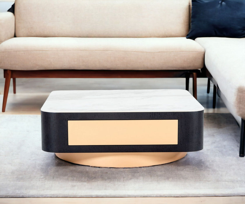 Modern Coffee Table With One Drawer - White Black And Rose Gold