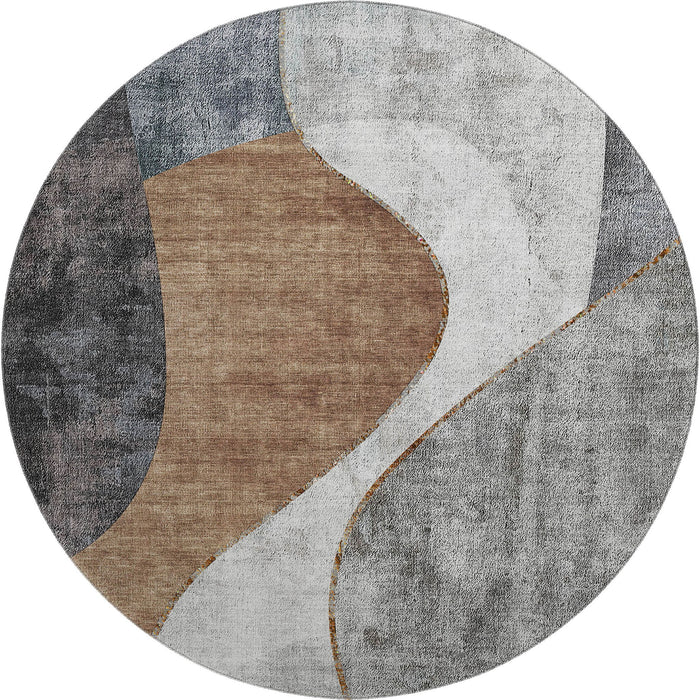 8' Abstract Washable Round Rug With UV Protection (653167) - Gray / Brown / Ivory
