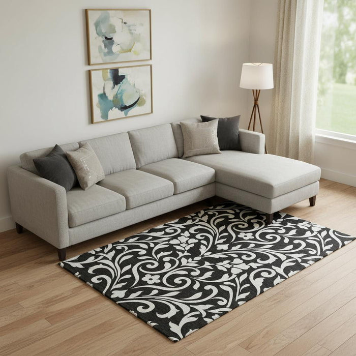 10' X 14' Floral Washable Area Rug With UV Protection (669588) - Black / Ivory