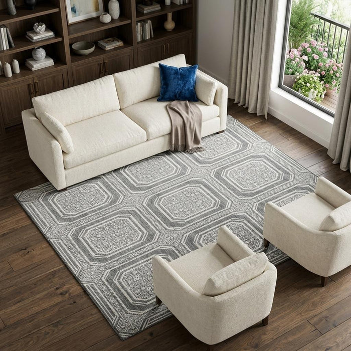 10' X 14' Geometric Washable Area Rug With UV Protection (693798) - Gray / Ivory