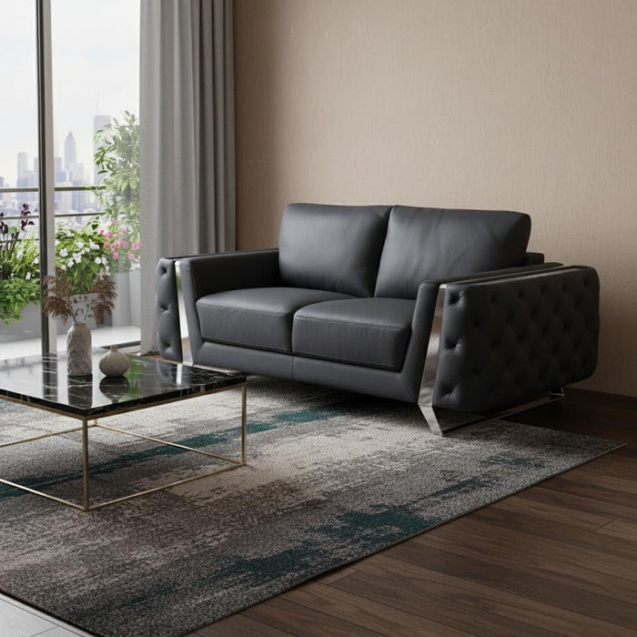 Genuine Leather Loveseat - Dark Gray / Silver