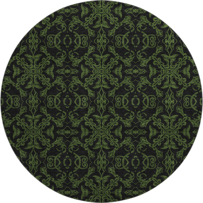 8' Medallion Washable Round Rug With UV Protection - Olive Green And Charcoal