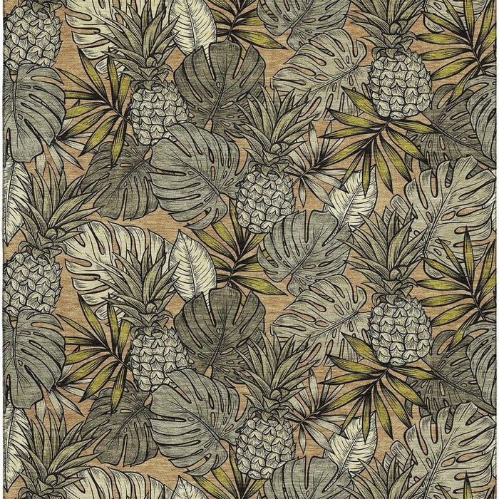 10' X 14' Tropical Botanical Distressed Washable Area Rug With UV Protection (646373) - Khaki / Gray / Yellow