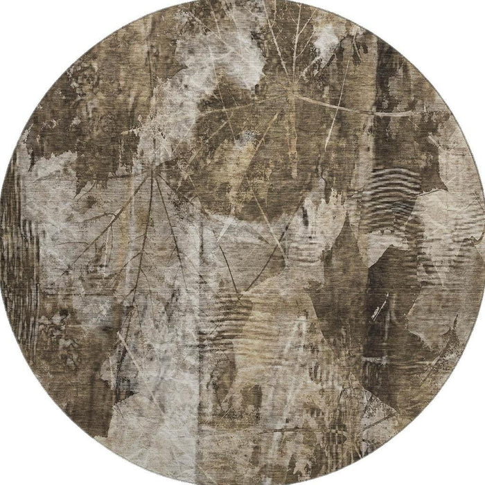 8' Floral Washable Round Rug With UV Protection (649087) - Taupe / Ivory