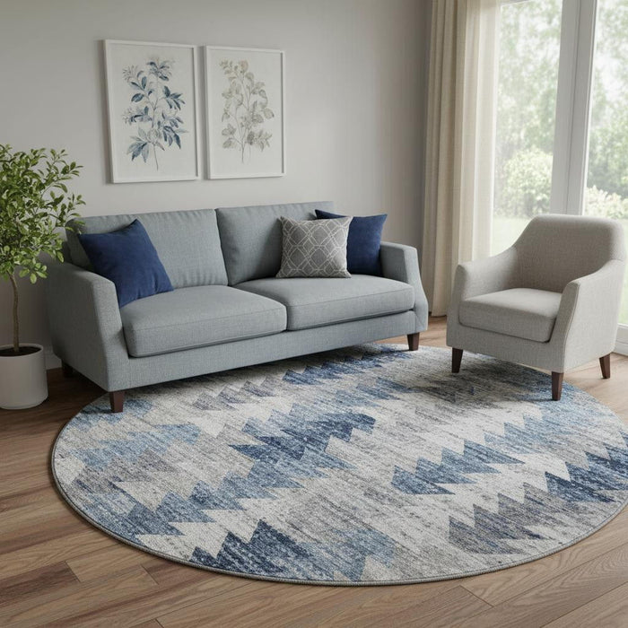 8' Geometric Washable Round Rug With UV Protection (653125) - Blue / Ivory / Gray