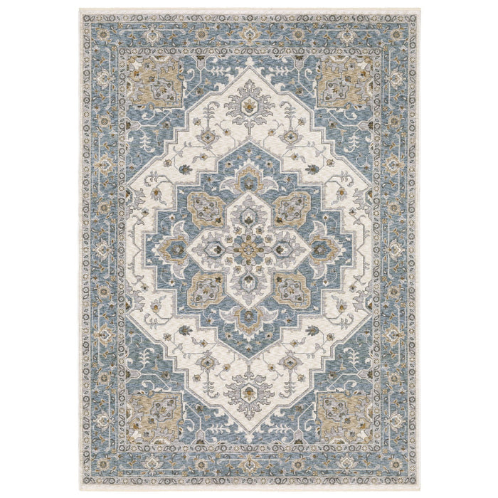10' X 13' Medallion Distressed Area Rug With Fringe - Blue And Ivory