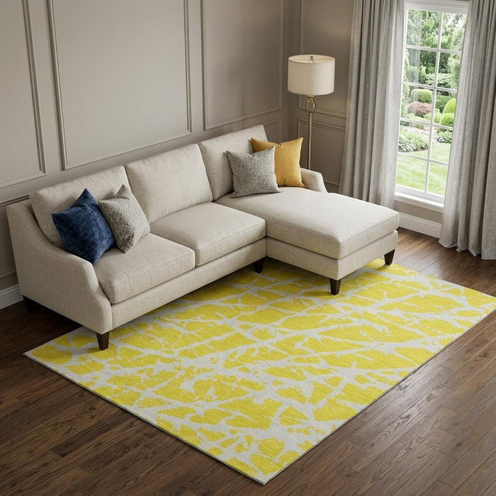 10' X 14' Abstract Washable Area Rug With UV Protection (646602) - Yellow / Ivory