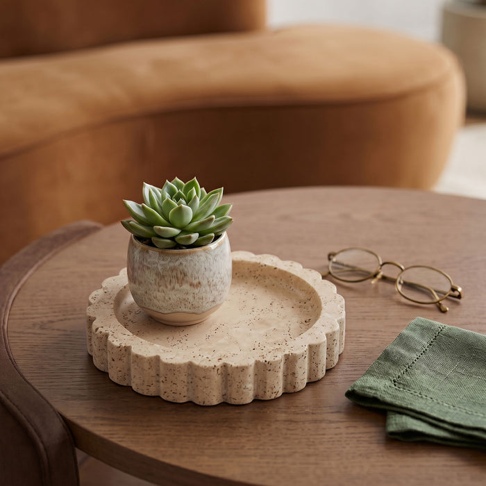 Ricardo Meridian Furniture travertine tray with a rectangular shape and polished surface, ideal for serving or decorative use.