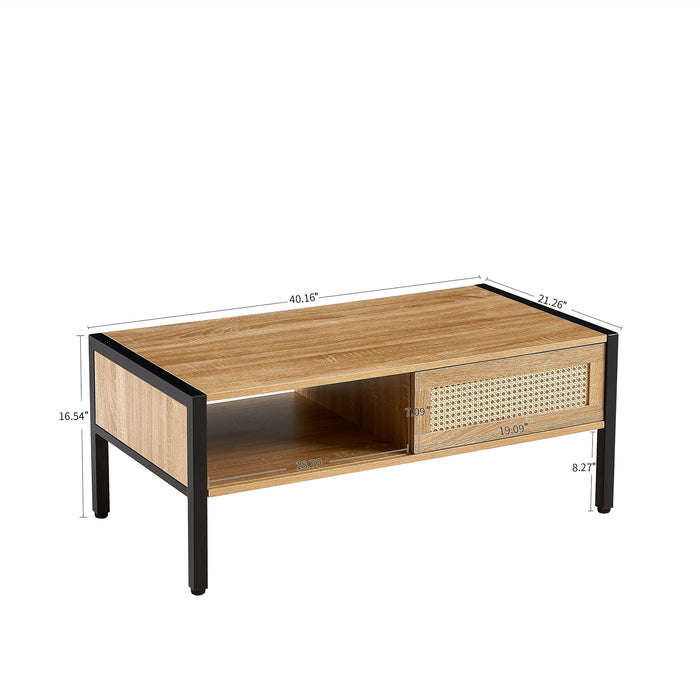 Giga 40.16-inch rattan coffee table with sliding door storage, metal legs, modern design for living room decor.