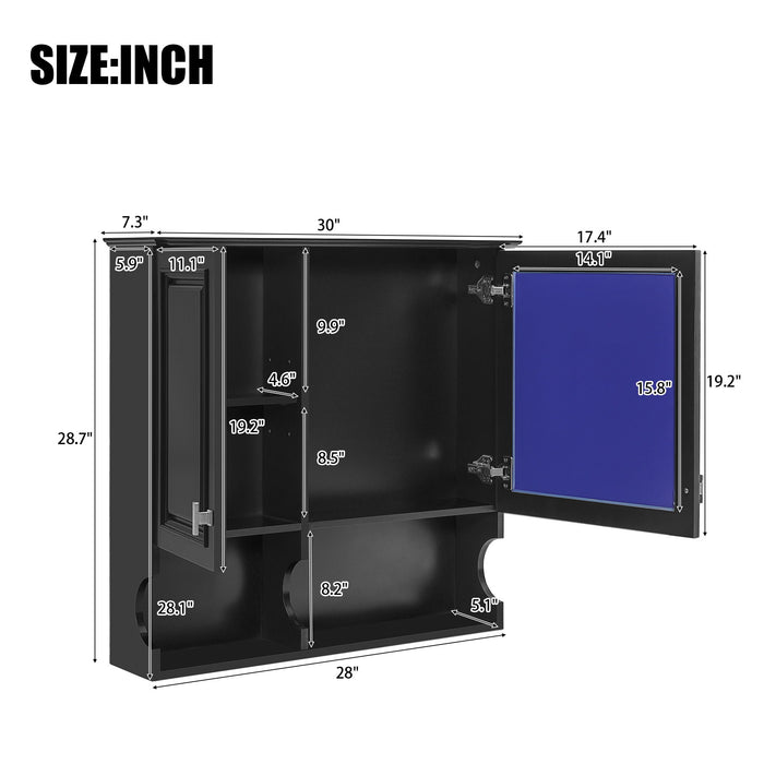 Giga wall-mounted mirror medicine cabinet with doors and open shelves for bathroom storage, reflecting a sleek modern design