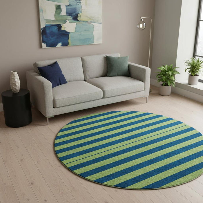 8' Striped Washable Round Rug With UV Protection (647755) - Navy Blue / Green