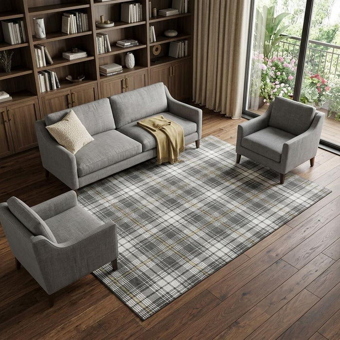10' X 14' Plaid Washable Area Rug With UV Protection (678233) - Charcoal / Ivory / Gold