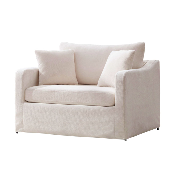 Giga farmhouse accent arm chair with wooden frame, plush upholstery, and two bolster pillows on a cozy living room setting.