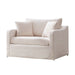 Giga farmhouse accent arm chair with wooden frame, plush upholstery, and two bolster pillows on a cozy living room setting.