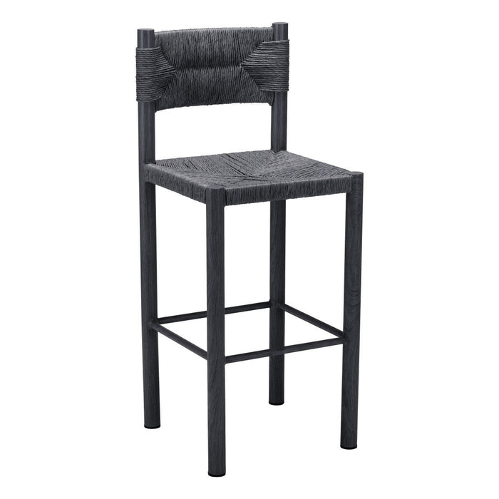 Set of two black rattan aluminum low back bar height chairs with sleek design and woven rattan seats, ideal for bar or counter seating.