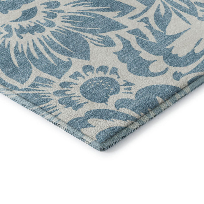 8' X 10' Floral Washable Area Rug With UV Protection (648638) - Denim Blue / Ivory
