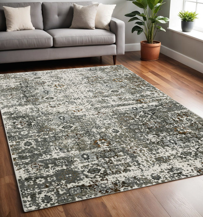 5' x 8' Oriental Power Loom Stain Resistant Area Rug - Ivory Gray Charcoal Rust Gold And Brown