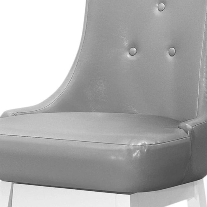 Set of 2 gray and white 29-inch faux leather and solid wood swivel bar chairs by HomeRoots, showing modern design and sturdy construction.