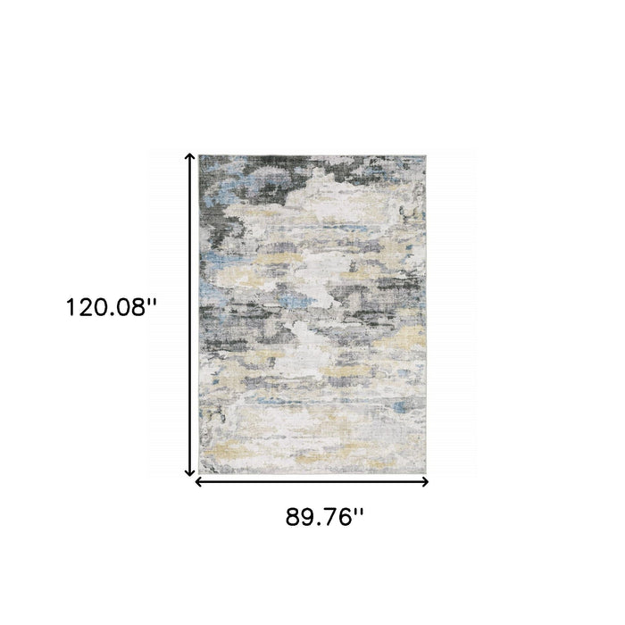 8' x 10' Abstract Printed Stain Resistant Non Skid Area Rug - Gray Blue Charcoal Ivory Yellow Beige And Tan