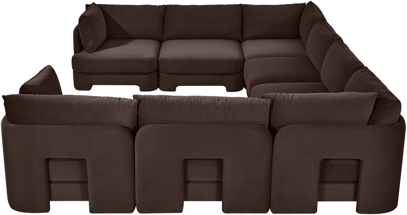 Meridian Furniture Hammond velvet performance fabric U-shaped sectional sofa with eight pieces and plush upholstery.