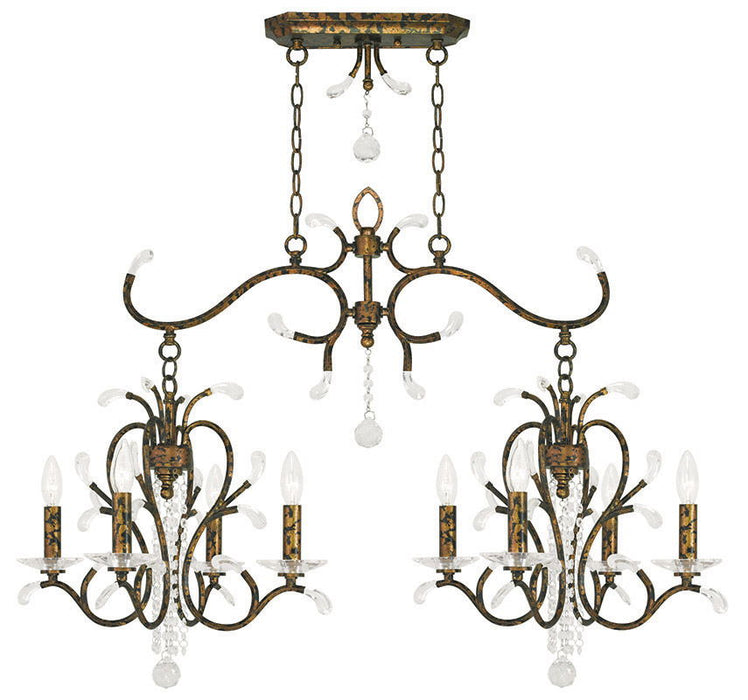 HomeRoots 29-inch bronze metal chandelier with eight clear shades and dimmable feature, hanging with visible light bulbs.