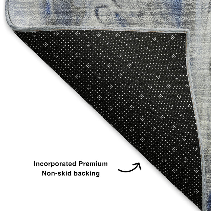 5' X 8' Abstract Washable Area Rug With UV Protection (650928) - Blue / Gray / Ivory