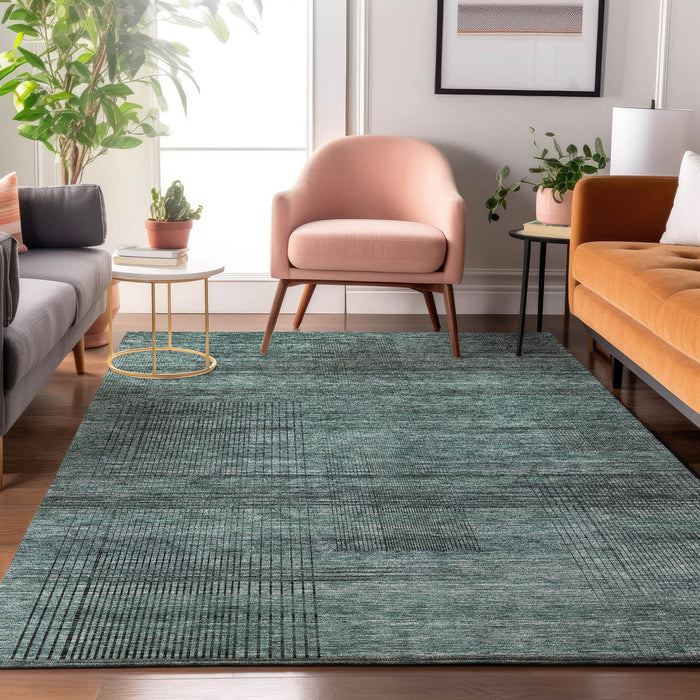 10' X 14' Striped Washable Area Rug With UV Protection - Teal And Gray