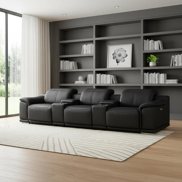134" Leather Reclining Stainless Steel USB Sofa - Black