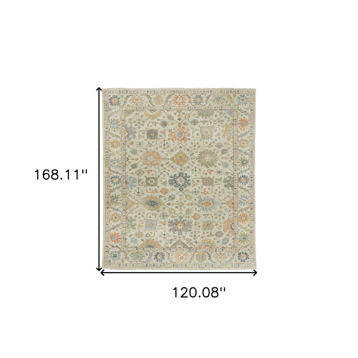 10' X 14' Wool Oriental Hand Knotted Area Rug With Fringe - Beige And Green