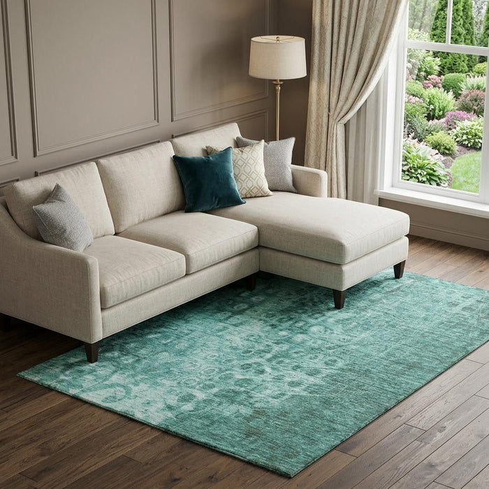 10' X 14' Washable Area Rug With UV Protection (650014) - Teal / Ivory