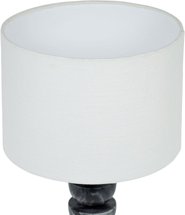 Meridian Furniture Opus table lamp with genuine marble base, linen textured fabric shade, and brass accents.