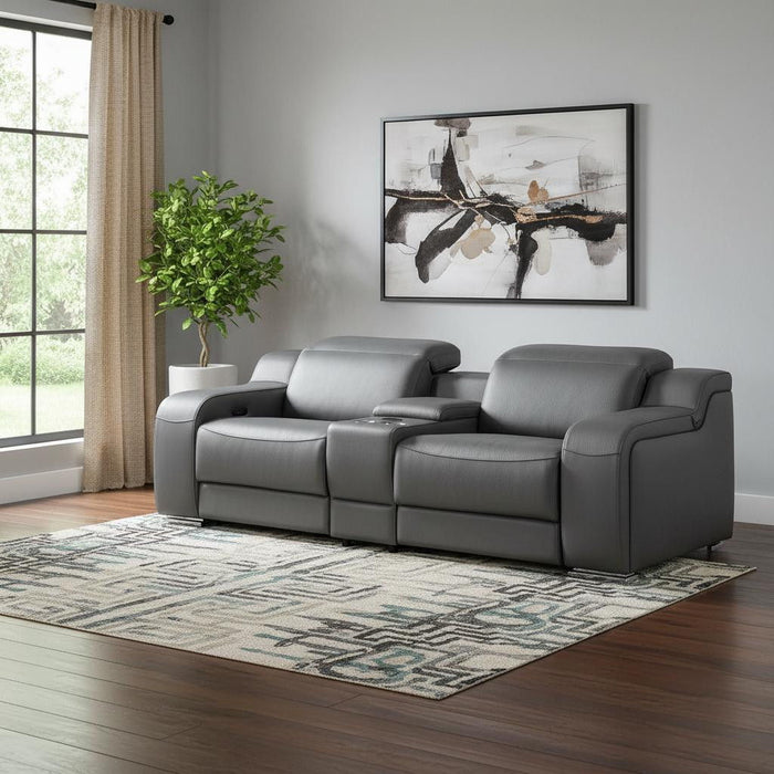 Italian Leather Power Reclining Loveseat With Storage (633756) - Dark Gray / Silver