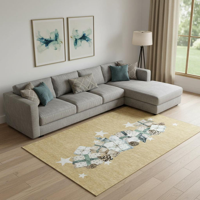 10' X 14' Geometric Washable Area Rug With UV Protection (702359) - Gold / Blue / Ivory