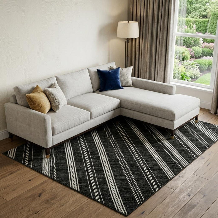 10' X 14' Striped Washable Area Rug With UV Protection (673831) - Black / Ivory