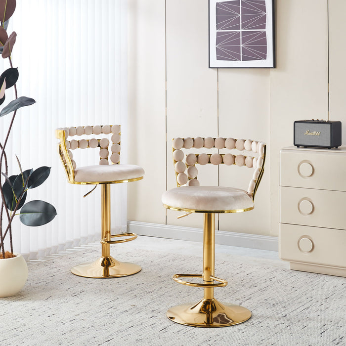 Set of 2 Giga modern bar stools with iron tube legs, soft cushions, and comfortable backrests.