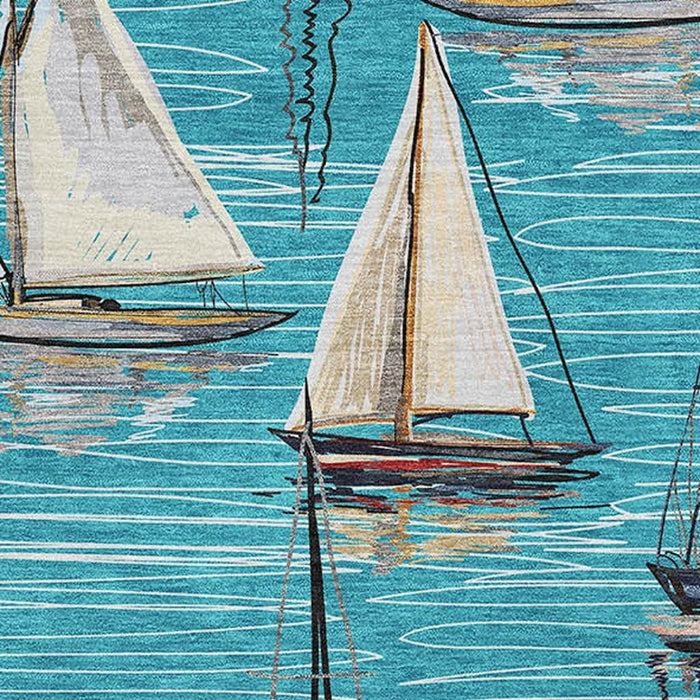 8' X 10' Nautical Washable Area Rug With UV Protection - Teal Blue