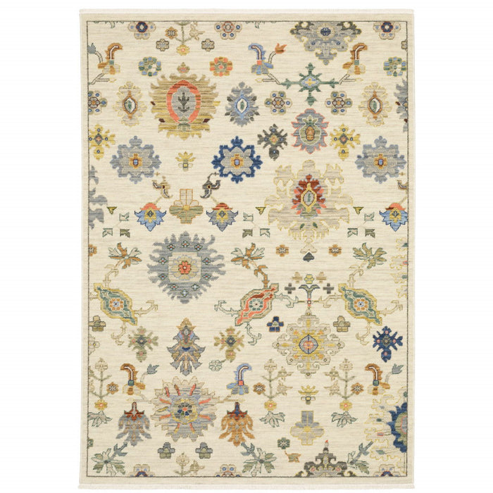 10' x 13' Oriental Power Loom Stain Resistant Area Rug With Fringe - Ivory Beige Gold Gray Blue Pink Red Rust And Green
