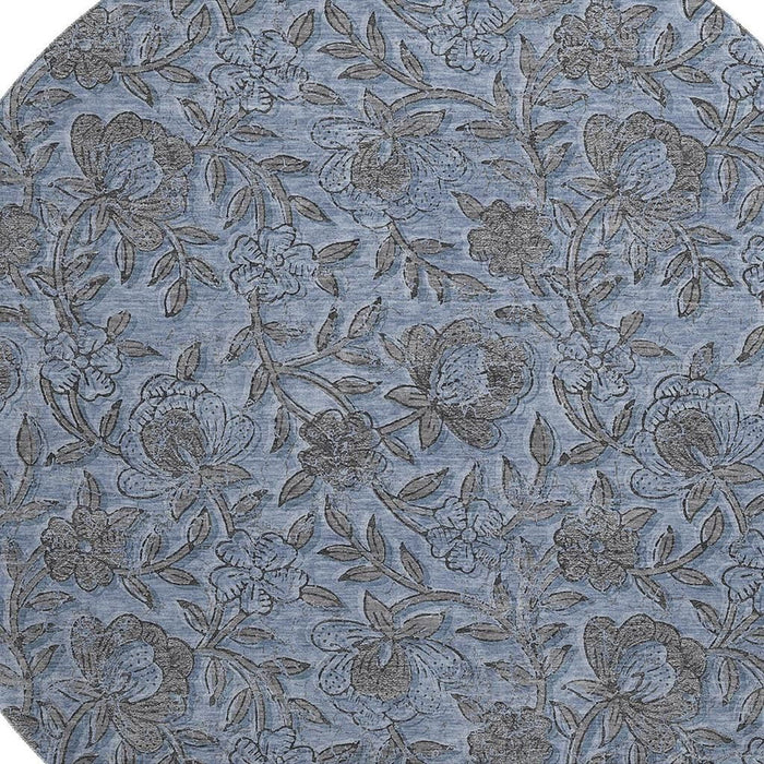 8' Floral Washable Round Rug With UV Protection - Blue And Gray